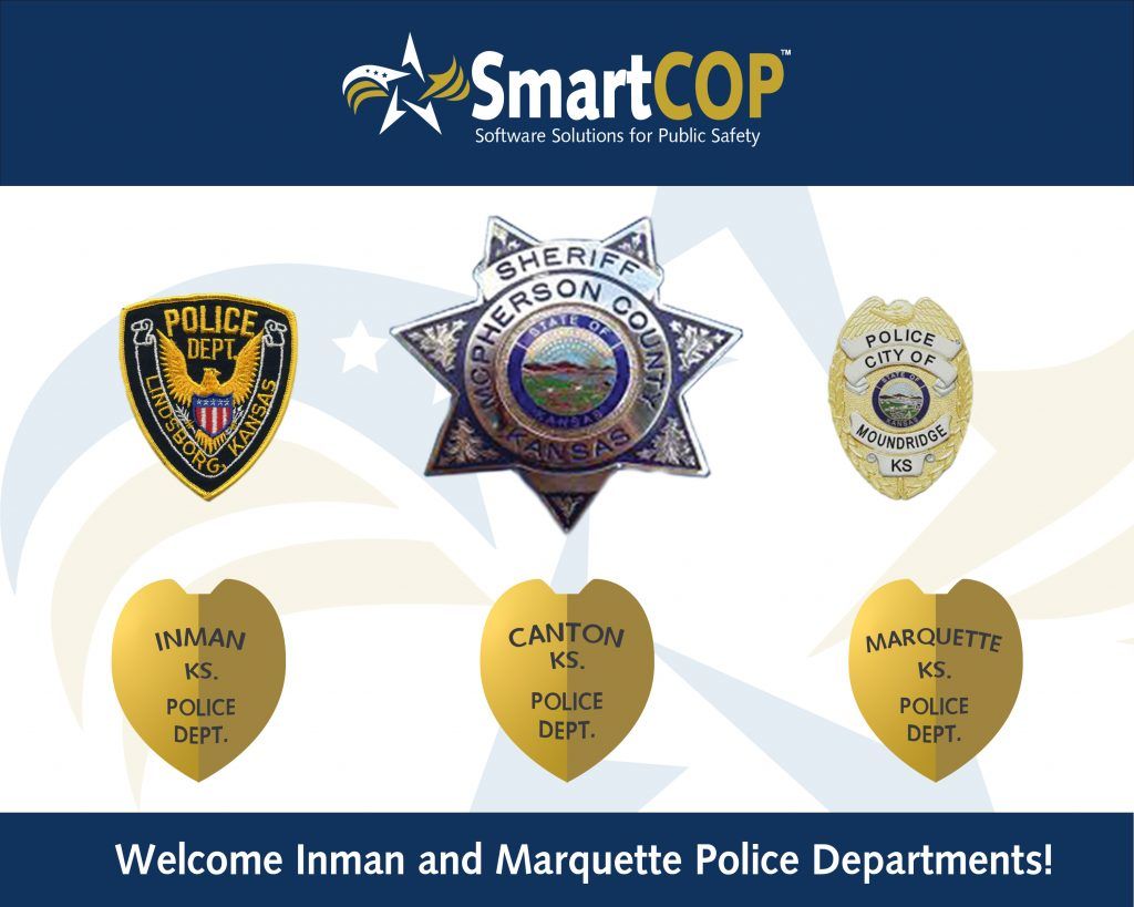 Graphic showing six Kansas agencies badges and welcoming them to SmartCOP.