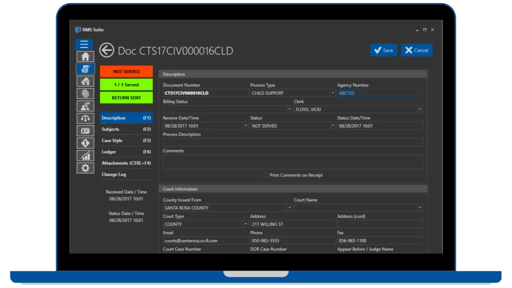 SmartCOP's Civil Process module allows agencies to track open and closed reports, as well as defendants, witnesses, plaintiffs, and subjects to serve.