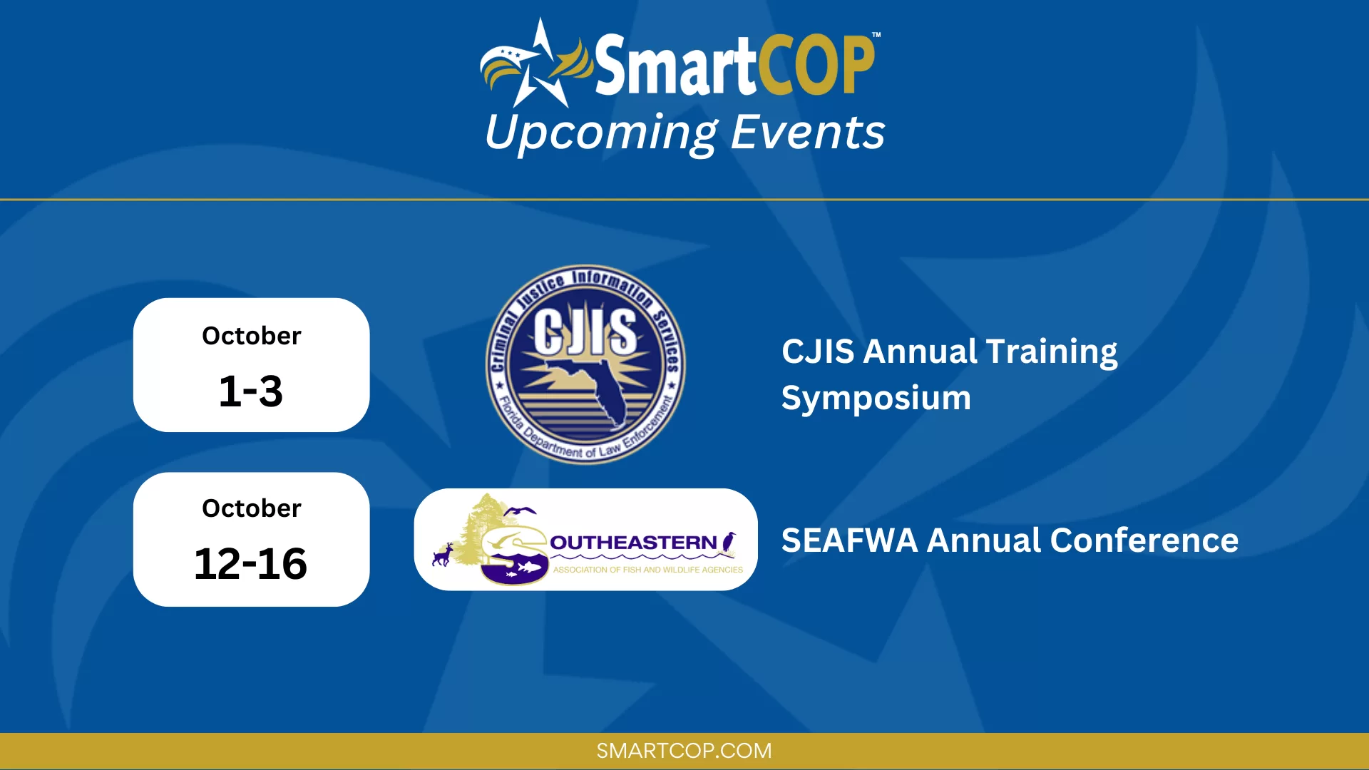 Join SmartCOP at SEAFWA and FL CJIS to explore our cutting-edge public safety and conservation enforcement software solutions!