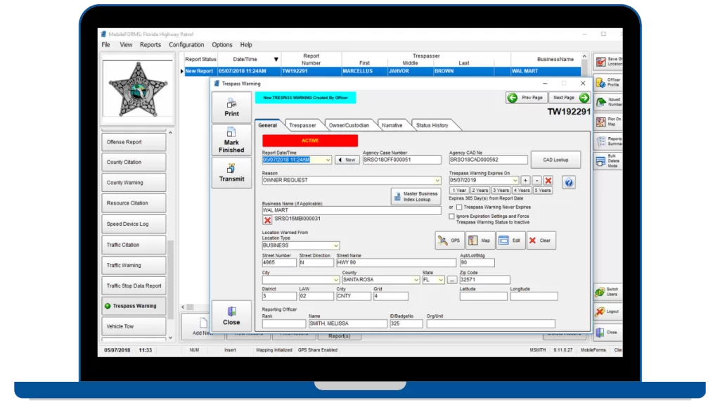 SmartMOBILE provides a range of law enforcement field reports.